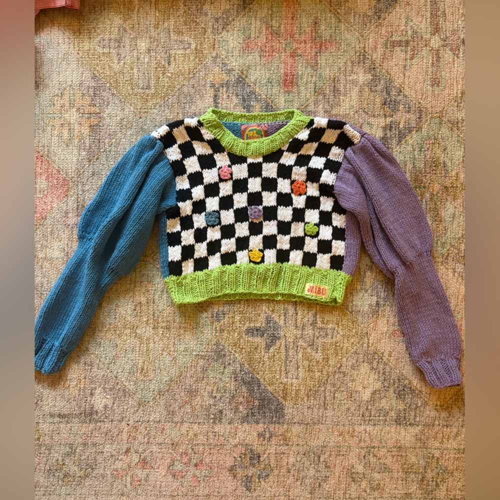 Colorblocked Floral Funky Checkered Sweater with Long Puff Sleeves